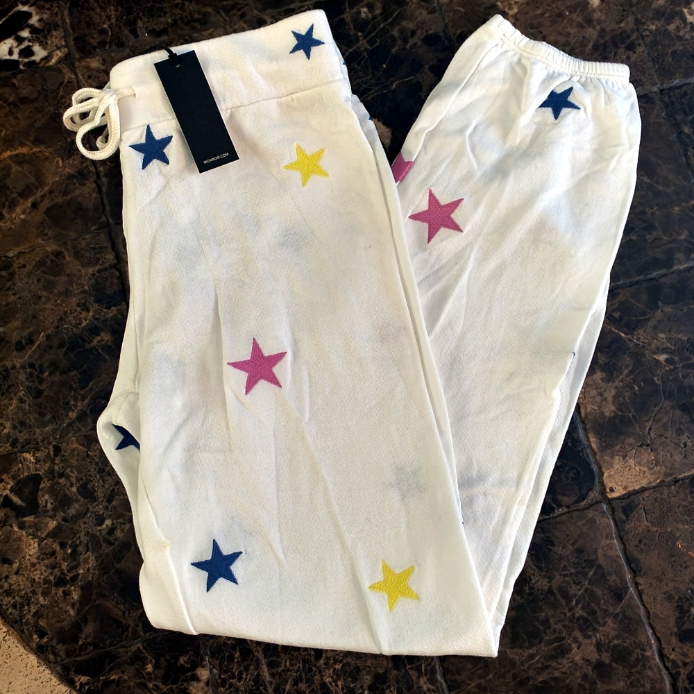 Monrow White Elastic Waist colorful Embroidered Stars joggers M NWT - Picture 2 of 5